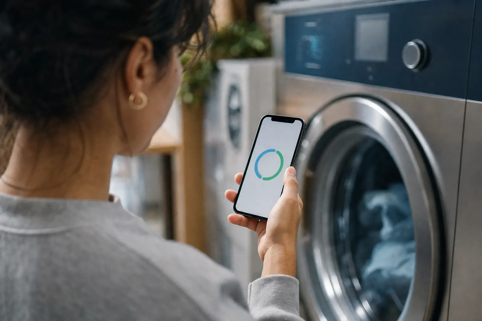 Cliente usando o aplicativo LAVEONE para iniciar um ciclo de lavagem
