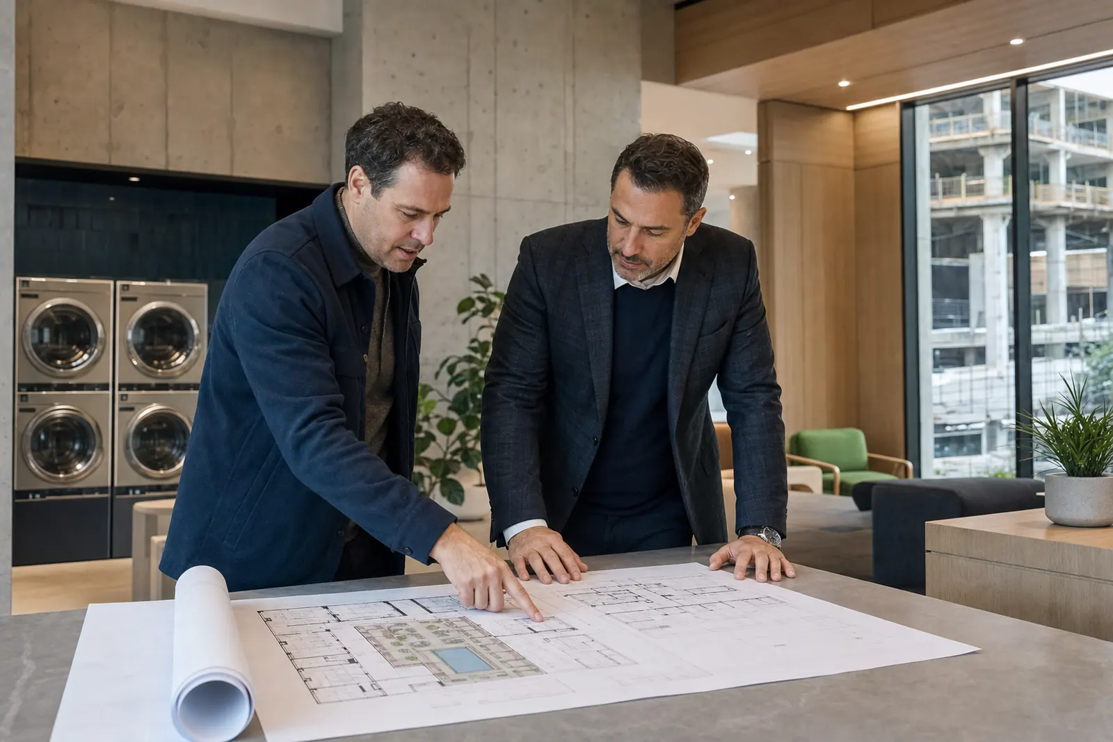 Área comum de um empreendimento residencial novo com uma lavanderia LAVEONE integrada ao projeto