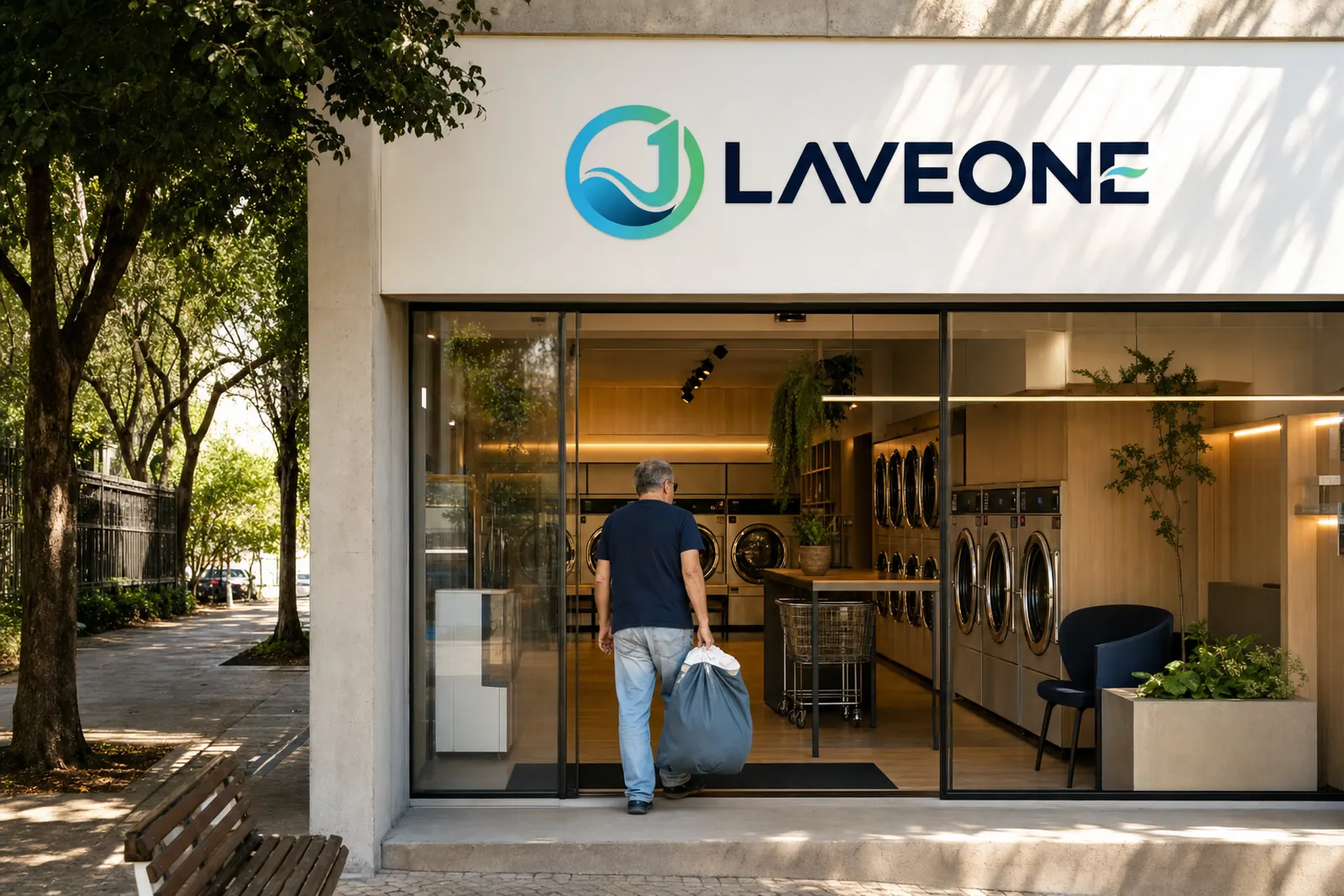 Fachada iluminada de uma loja de rua LAVEONE à noite em avenida movimentada